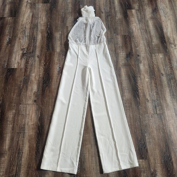 Retrofete White/Cream Jumpsuit Halter Open Back Silk Size Small Sample Wide Leg - Picture 1 of 11